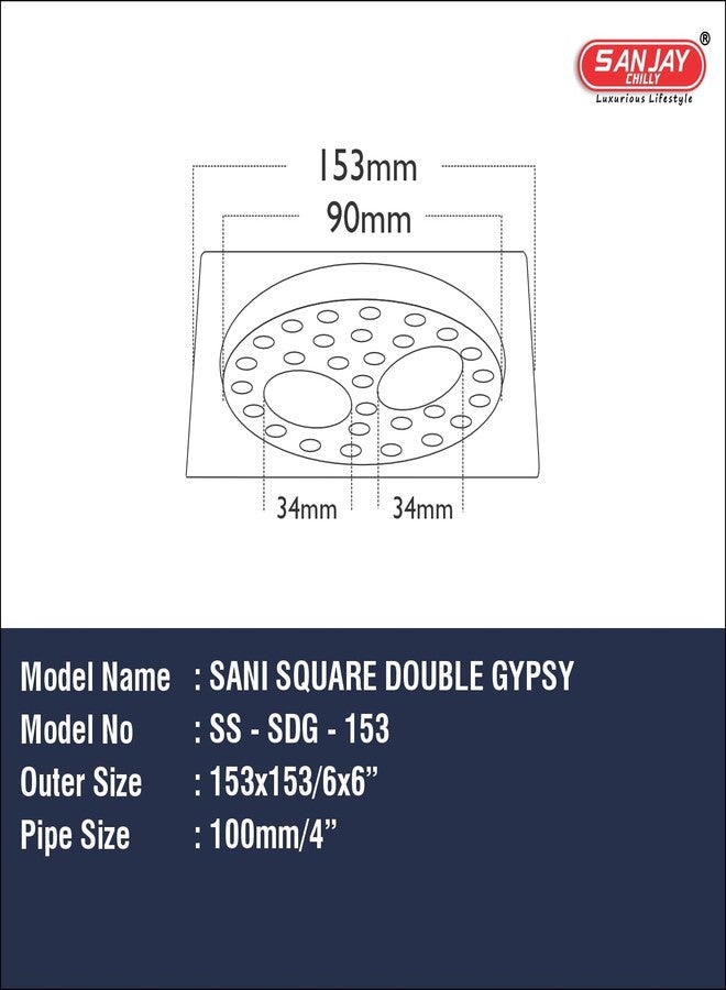 Sanjay Chilly SS Floor Drain with Double Holes Cover Jali 304 Grade Sani Square Bathroom Gratings Open Area Kitchen Sinks and Wash Basins Water Drainer Pisto Square 6x6 INCH - Image 4